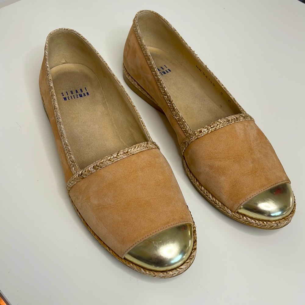 Stuart Weitzman Espadrilles Tan Suede Shoes with gold cap toe
